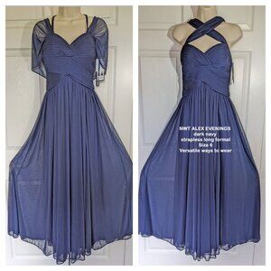 NWT ALEX EVENINGS dark navy strapless long formal, Sz 6, Versatile ways to wear
